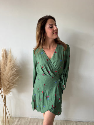 Colorful flowers green wrap dress