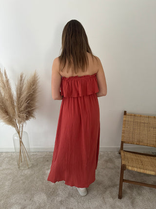 Rust strapless tetra dress