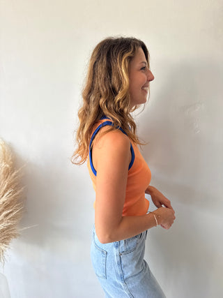 Blue detail orange top