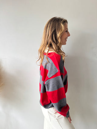 Red grey striped polo sweater