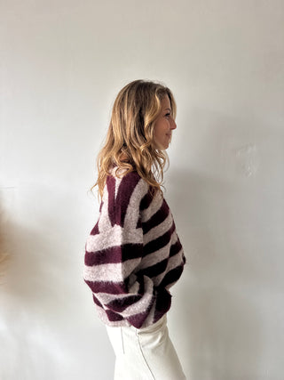 Burgundy taupe striped button knit