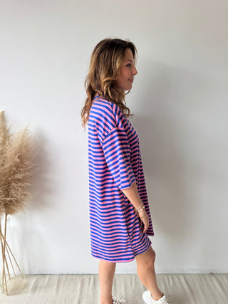 Pink blue striped t-shirt dress