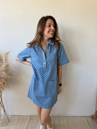 White polka dots denim dress
