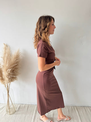 Brown knot split dress
