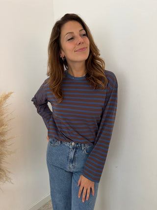 Brown blue striped top