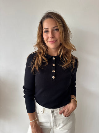 Gold buttons black ribbed top