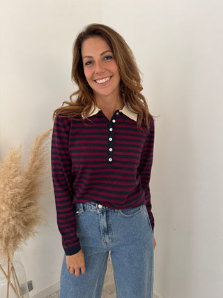 White collar burgundy striped polo
