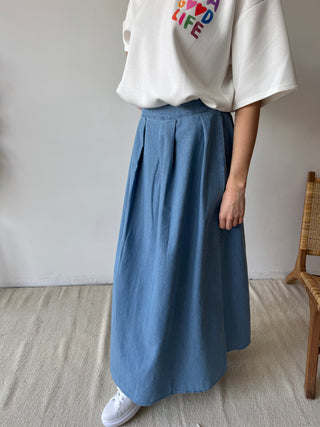 Blue denim maxi skirt