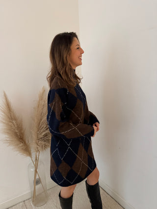 Navy brown argyle sweater dress