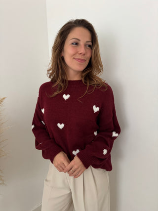 White hearts burgundy knit
