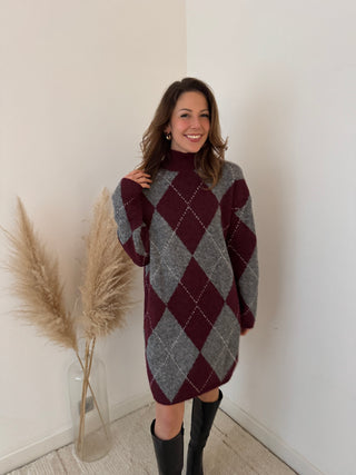 Burgundy grey argyle sweater dress