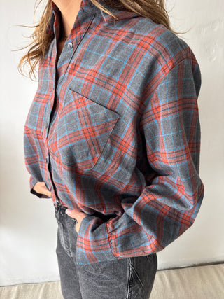 Grey orange checked balloon shirt