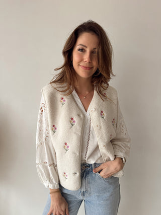 Red flowers beige teddy vest