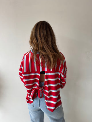Knot back red blue striped top