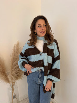 Brown blue striped button scarf knit