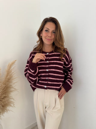 Burgundy pink striped button knit