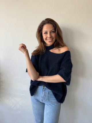 Navy open shoulder soft knit
