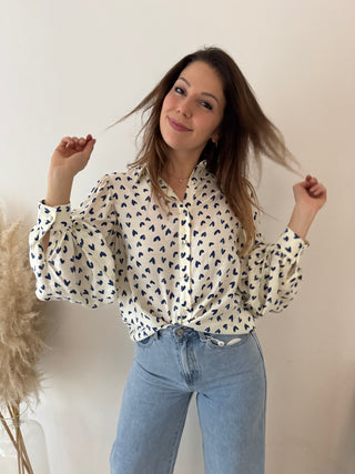 Blue hearts white blouse