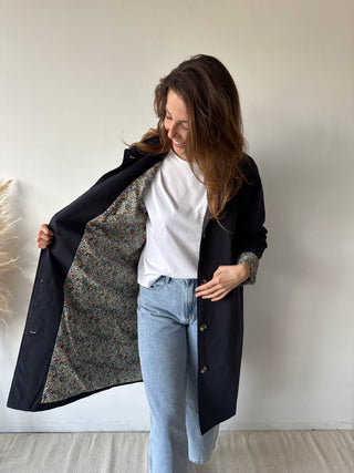 Flower details navy trench coat