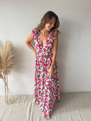 Pink flowers ruffled maxi dress