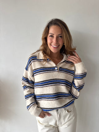 Blue brown striped beige knit