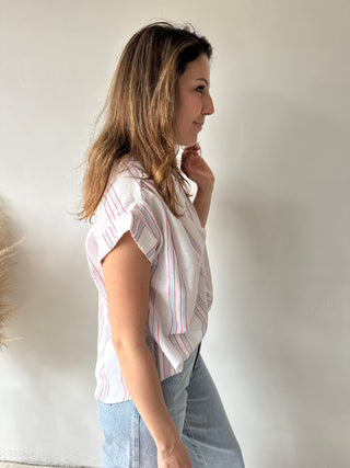 Red blue striped blouse
