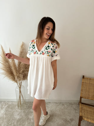 Colorful flowers white babydoll dress