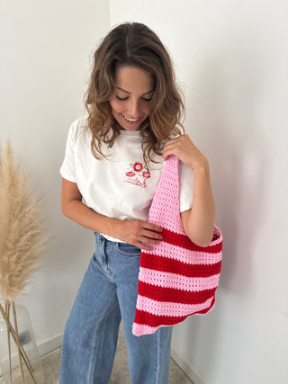 Red pink crochet beach bag