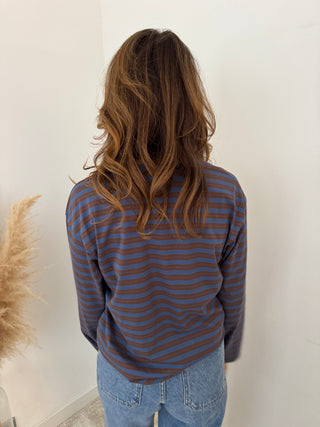 Brown blue striped top
