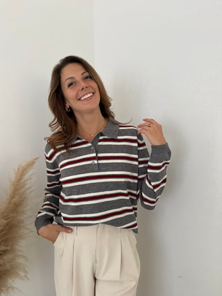Burgundy grey striped polo
