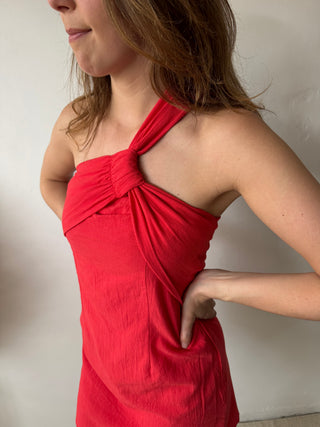 Red linen shoulder dress