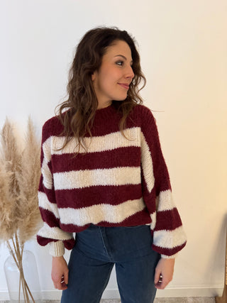 Beige burgundy striped knit