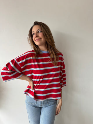 Knot back red blue striped top