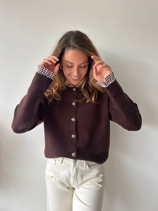 Checked details brown button knit