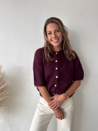 Burgundy short sleeves button knit