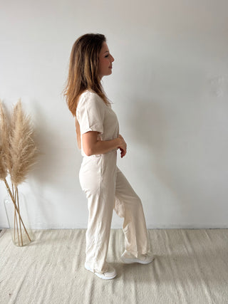 Beige open back linen jumpsuit