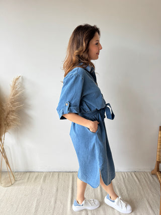 Blue denim midi dress