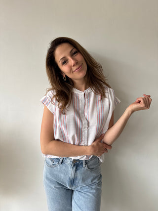 Red blue striped blouse