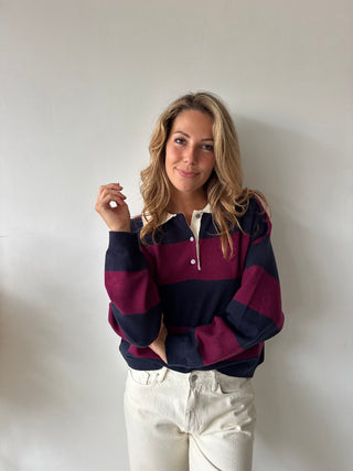 Navy burgundy striped polo sweater