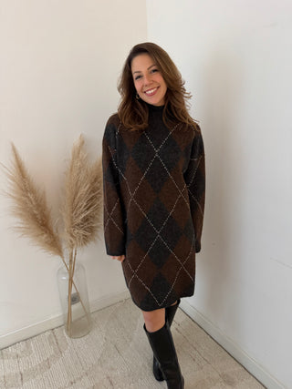 Grey brown argyle sweater dress
