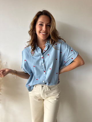 Red hearts denim blouse