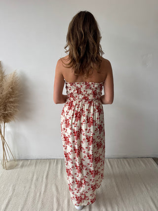 Red flowers strapless dress