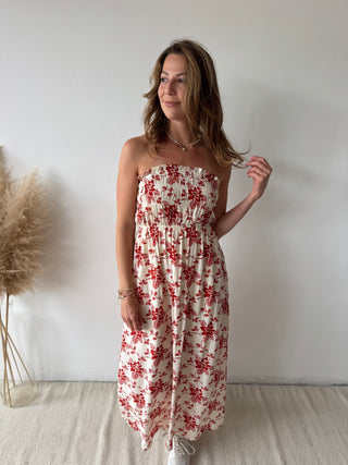 Red flowers strapless dress