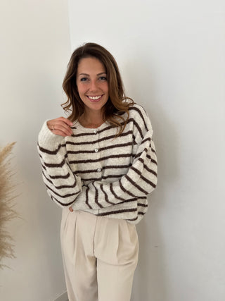 Beige brown striped button knit