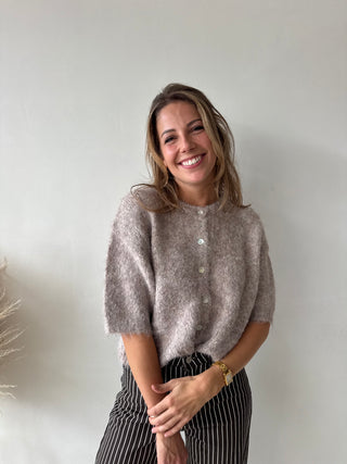 Taupe short sleeves button knit