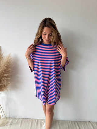 Pink blue striped t-shirt dress