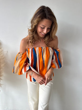 Orange blue strapless top