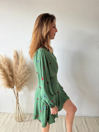Colorful flowers green wrap dress