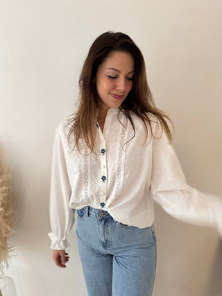 Blue flowers white blouse