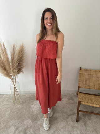 Rust strapless tetra dress